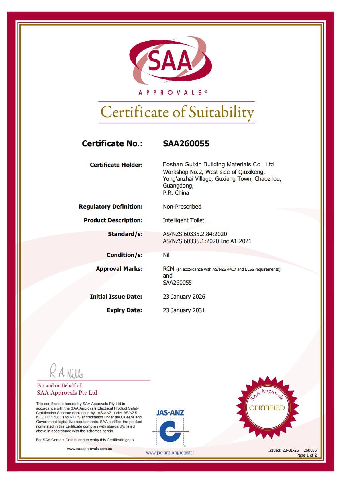 SAA certification for applicable GuiXin bathroom products