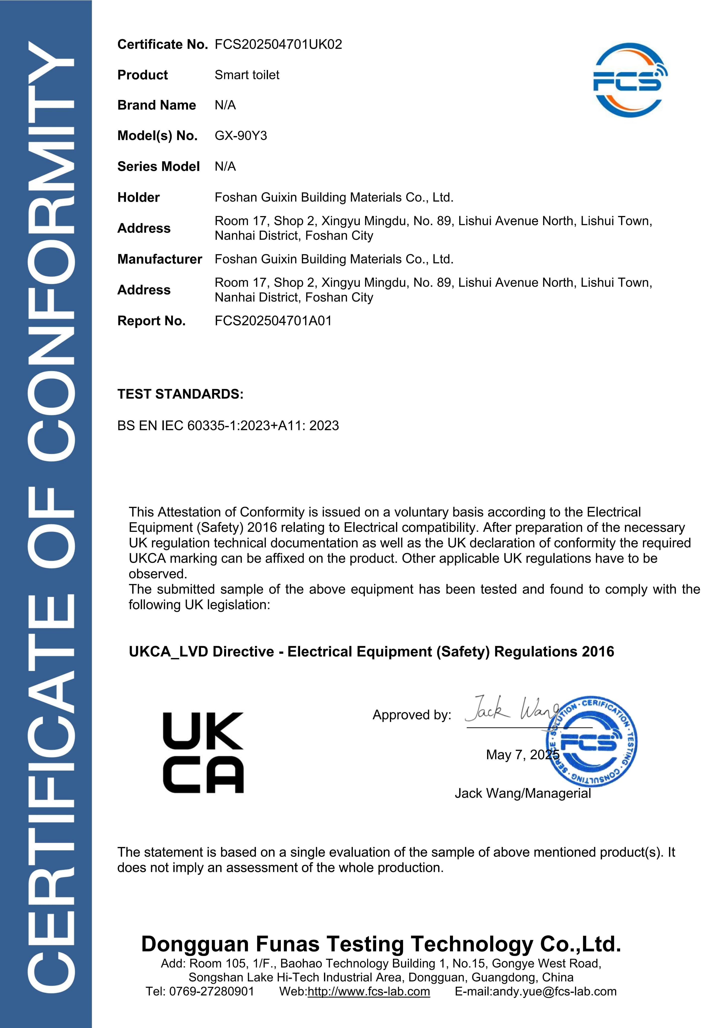 UK LVD certification for applicable GuiXin bathroom products