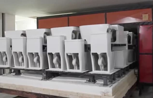 Smart toilet ceramic bodies entering the high-temperature firing kiln.