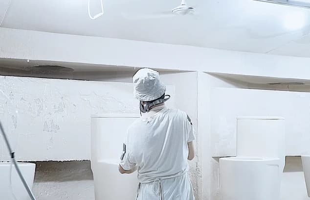 Factory worker spray glazing a smart toilet body.