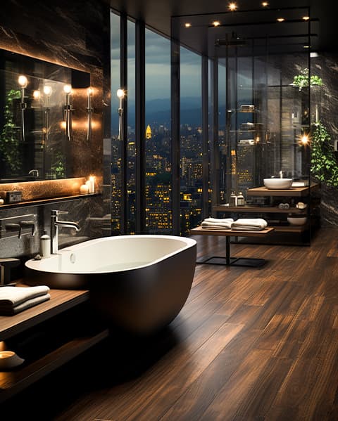 Hotel bathroom project with warm lighting and smart toilet layout